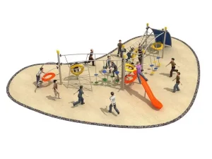 Parque infantil de aventuras al aire libre con cuerdas, rocódromo y tobogán
