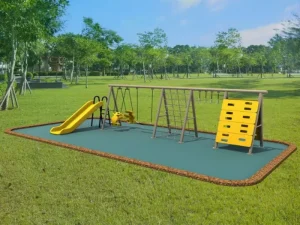 Multi-functional steel swing set: climbing wall, slide