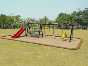 Columpio de metal resistente: tándem, cinturón, asientos de silla, un tobogán