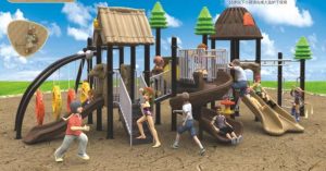 Parque infantil de aventuras al aire libre de varios niveles con puente de cuerda