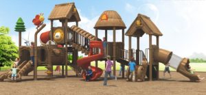 Parque infantil rústico con toboganes en espiral y diversión interactiva para niños