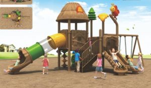 Parque infantil de temática pastoril con tobogán de tubo en espiral y columpio