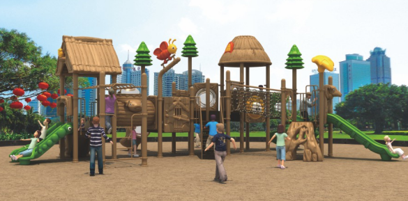 Gran parque infantil de temática pastoril con torres en los árboles, puentes de cuerda