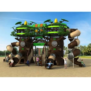 Multi-Level Treehouse Outdoor Play equipment with Spiral Slides