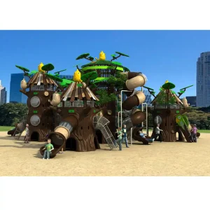 Outdoor Treehouse Play Equipment with Wooden Structure and Slides for Children